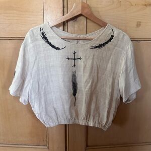 Embroidered Cream Crop Top with Black block handprint Motif